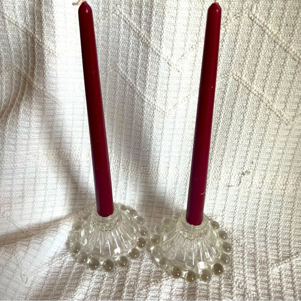 Pair of vintage glass candlestick‎  holders with retro funky glass